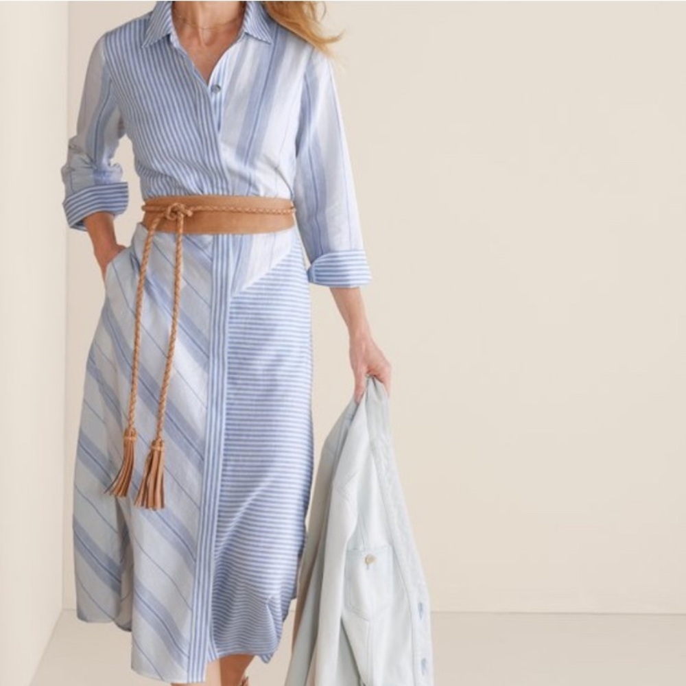 Soft Surroundings Light Blue and White Striped Midi Shirt Dress